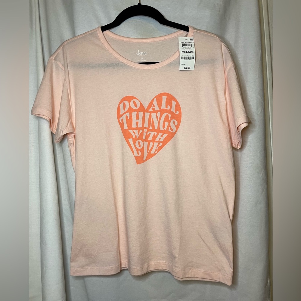 NWT Jenni Intimates Pink Peach Top w/ Graphic "Do All Things with Love" Size M